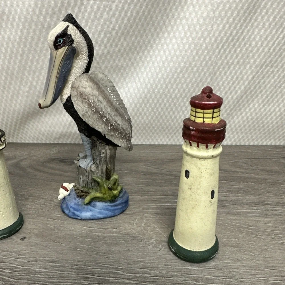 Lighthouse Pelican Salt Pepper Shaker Set 3pc Tan Blue Good Nautical Ocean Decor